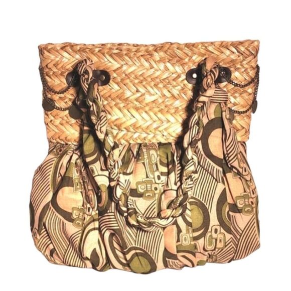 Sun 'N Sand Green and Tan Woven Straw & Fabric Summer Tote 12"X14"(flat) - Picture 2 of 11